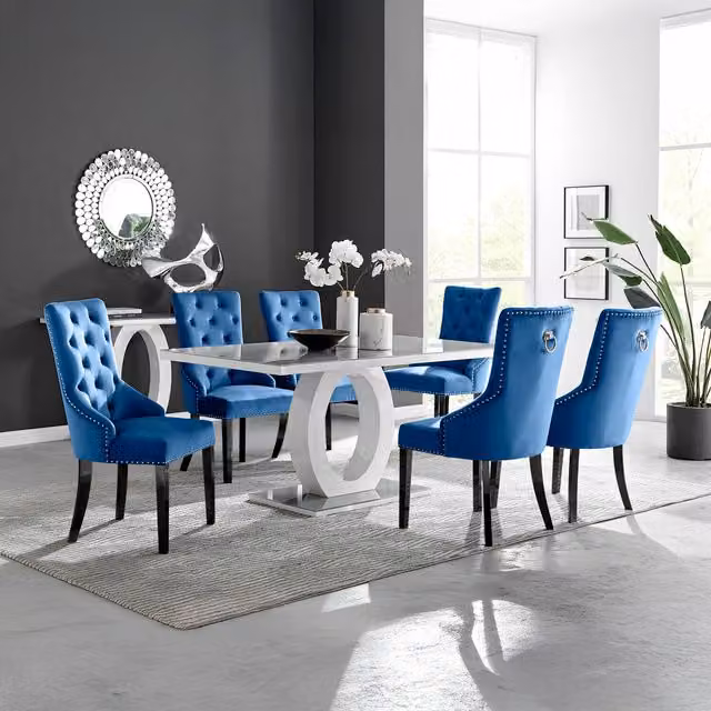 FurnitureboxUK Giovani Grey Glass Dining Table and 6 Blue Belgravia Chairs with Black Legs
