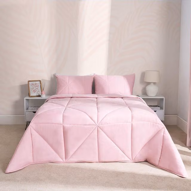 OHS Geo Quilted Coverless Duvet and Pillowcase Bed Set, Pink, Double