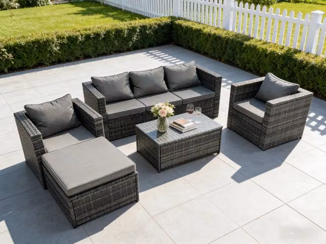 Fimous 6 Seater Rattan Garden Furniture Set in Grey with Upholstered Cushions and Oblong Coffee Table