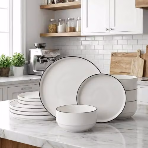 Waterside 12-Piece White Porcelain Dinner Set with Black Rim, including 4 Dinner Plates, Side Plates and Deep Bowls, Stackable, Dishwasher and Microwave Safe – 3