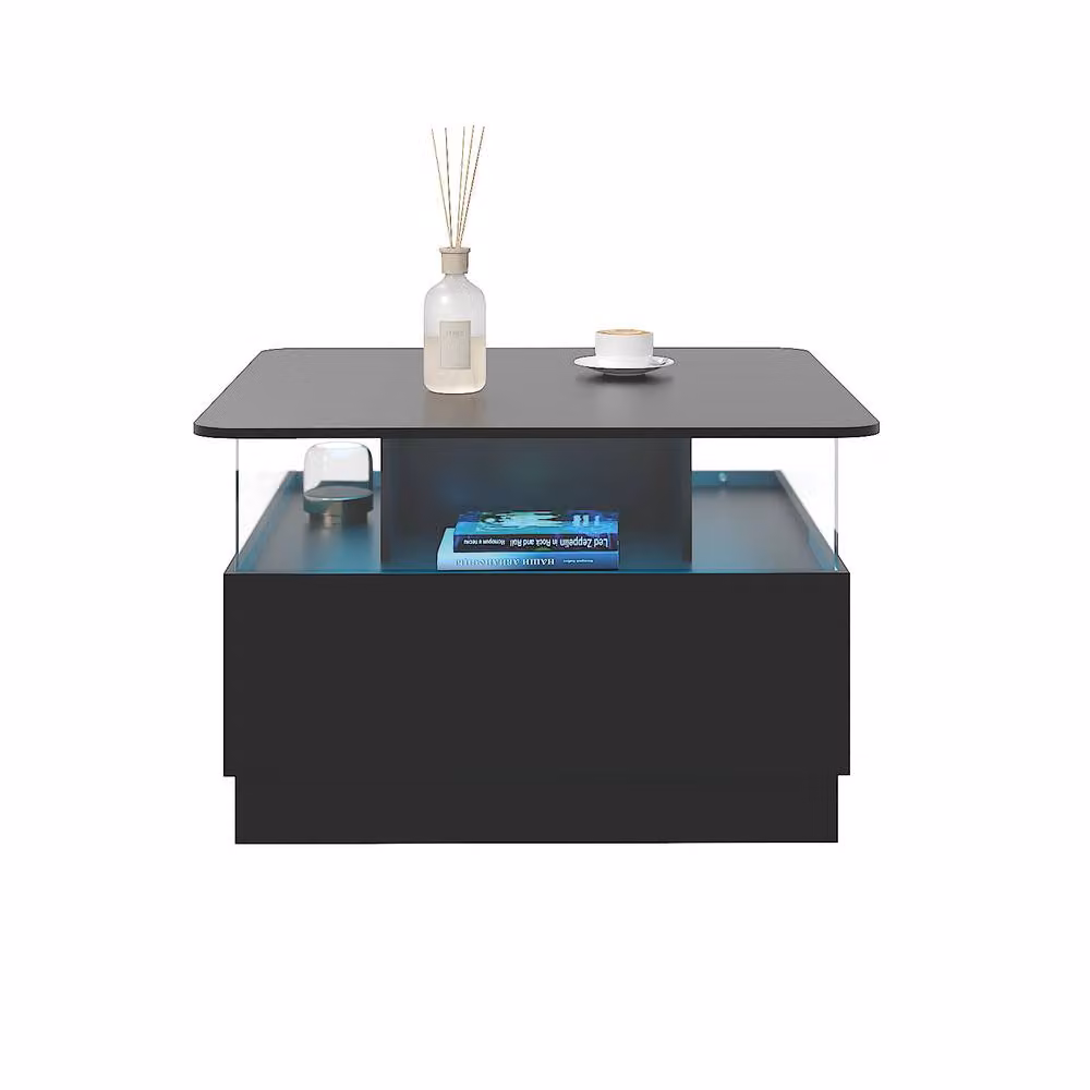 KEEPREAPER Modern Square Coffee Table with 2 Drawers and LED Light in Black – 2