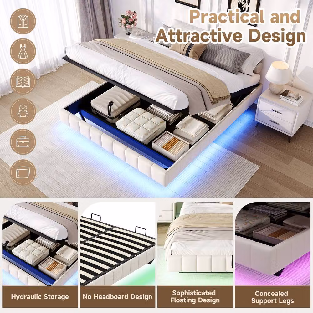 Rolipo Double Floating Bed Frame with Hydraulic Storage and LED Under-Bed Lighting in Beige – 3