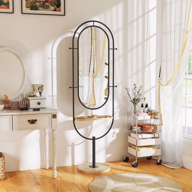 HOMCOM Full Length Free Standing Mirror with Tray and Hooks in Black