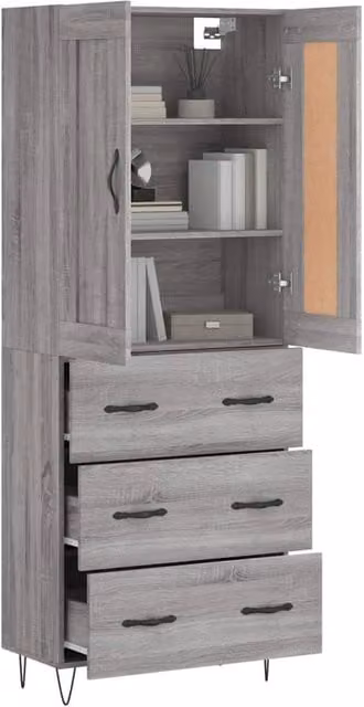 Berkfield Home Grey Sonoma Highboard with Hinged Doors and Internal Shelves, W/D/H: 69.5 x 34 x 180 cm