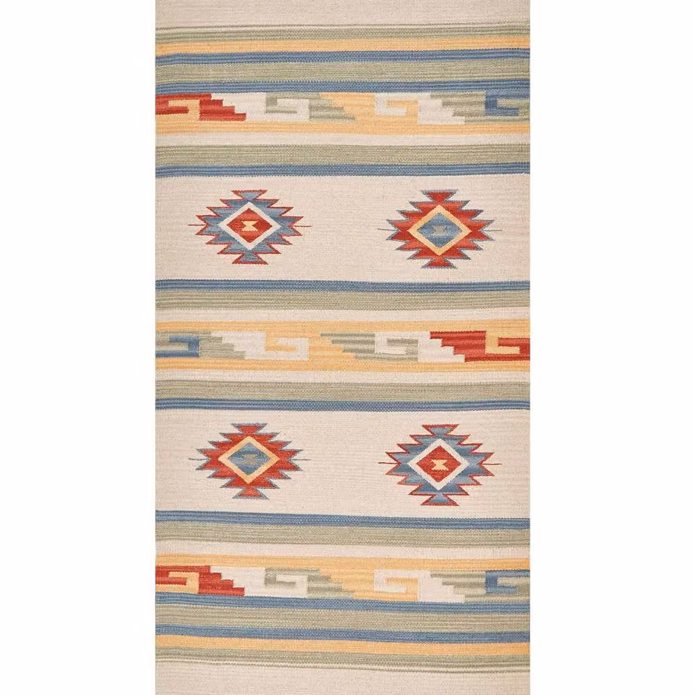 Wyld and Coco Klim Handwoven Cotton Kilim Rug in Beige and Multicolour, Reversible with Fringes, W: 80 cm, L: 150 cm – 2