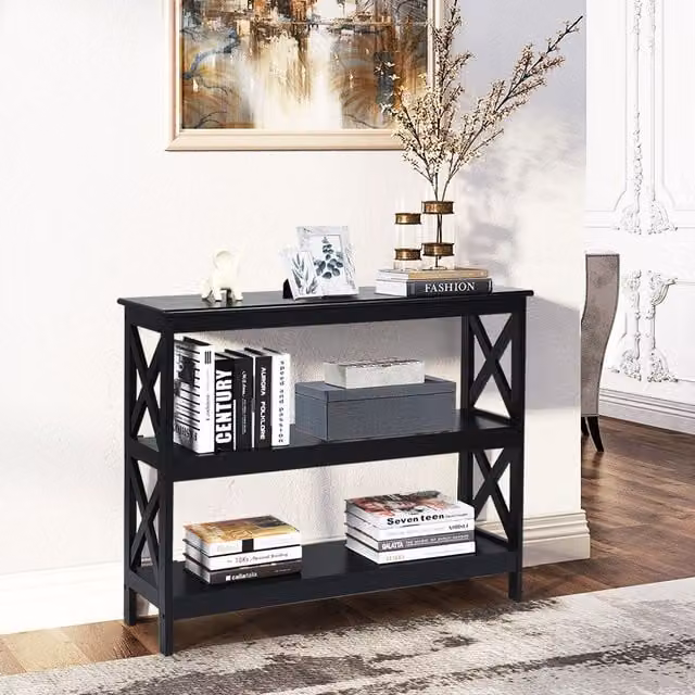 Costway 3-Tier X-Design Wooden Console Table with Shelf in Black – 1
