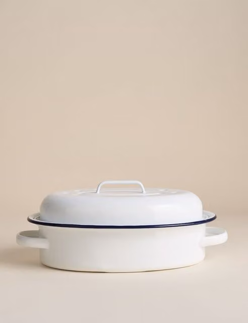 M&S Oval Enamel Roasting Dish with Lid in Blue and White