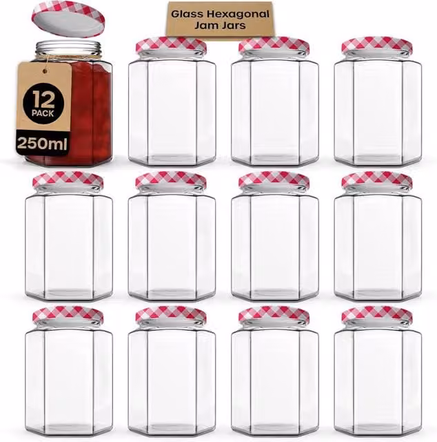 Volila 6 Pack Hexagonal Clear Glass Jam Jars with Screw Lids, 250ml per jar – 1