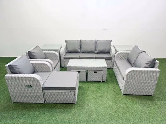 Fimous Grey PE Rattan Garden Furniture Set with 2 Seater Sofa, Coffee Table, 3 Stools and 2 Side Tables