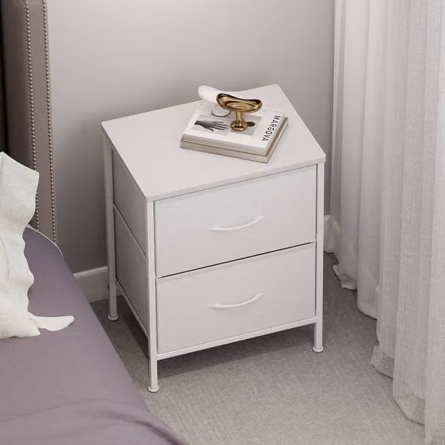 Levede White Bedside Table with 2 Fabric Drawers and Storage Shelf – 1