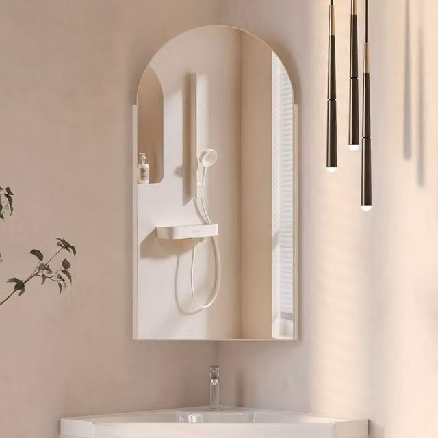 KEEPREAPER Modern White Corner Mirror Cabinet with Hinged Doors and Internal Shelves, W: 40 cm, H: 80 cm – 1