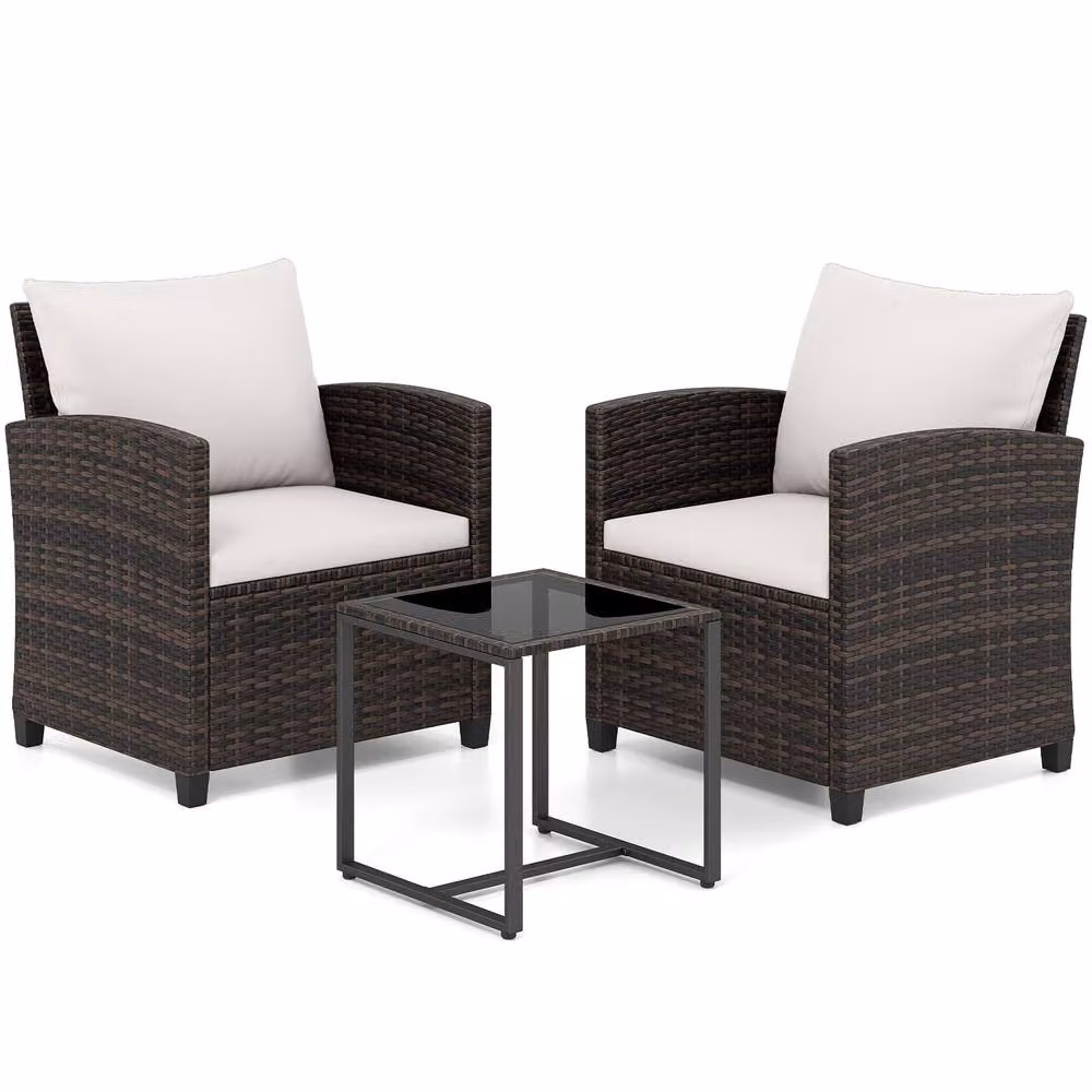 Costway 3-Piece PE Rattan Bistro Patio Furniture Set with Cushions in Beige – 2