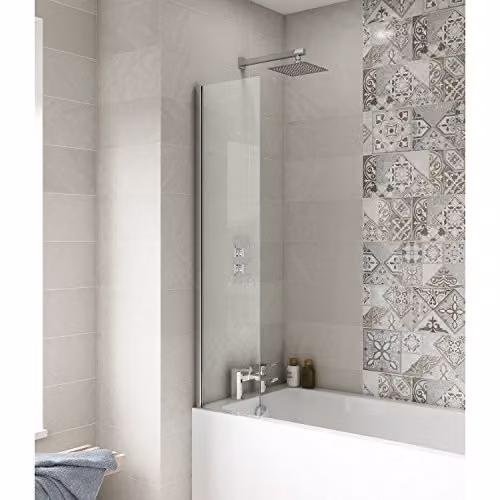 nuie NSSF1 Pacific Modern Square 6mm Glass Bath Screen in Clear with Polished Chrome, W: 140 cm, D: 35 cm – 2