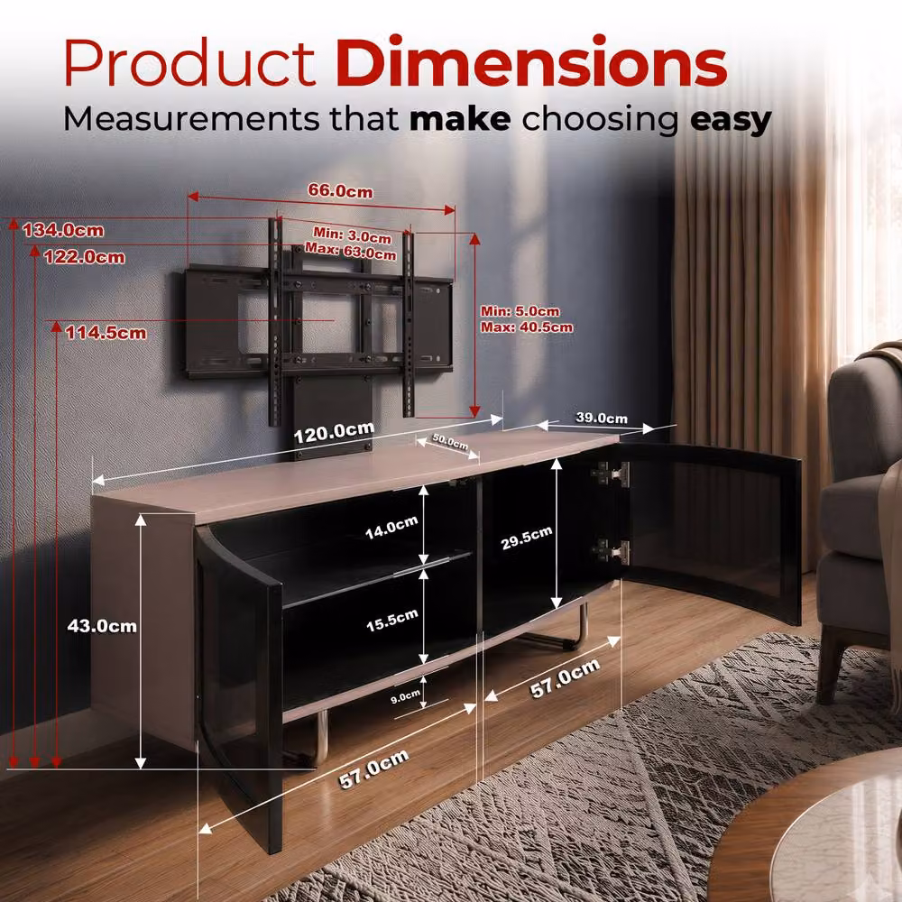 Centurion Supports CARU D-Shape Flat Screen TV Cabinet with Mounting Arm for 32-65 inch TVs, Multicolour, W/D/H: 120 x 39 x 43 cm – 6