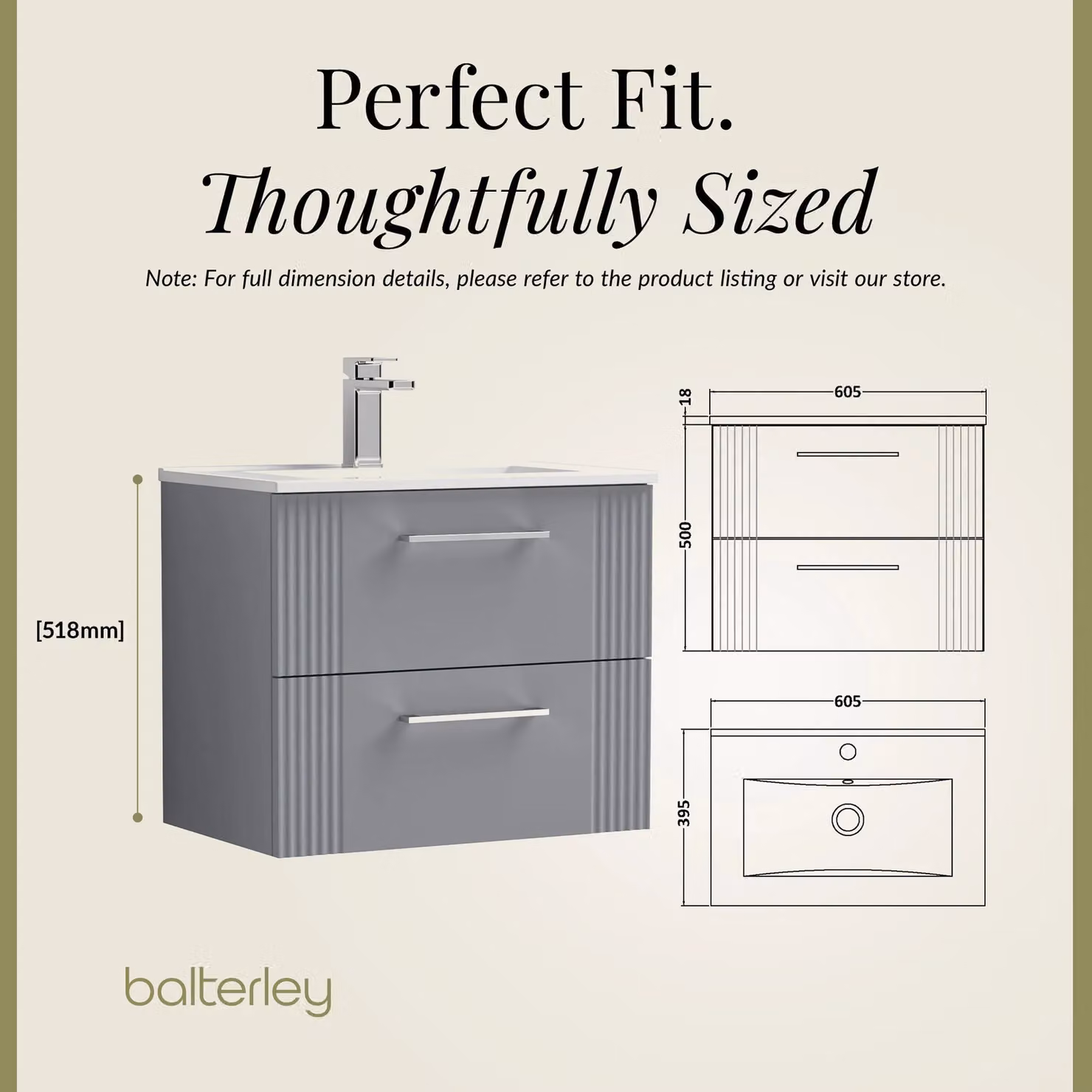 Balterley Wall Hung 2 Drawer Vanity Unit with Minimalist Basin, Satin Grey, Width: 60 cm – 3