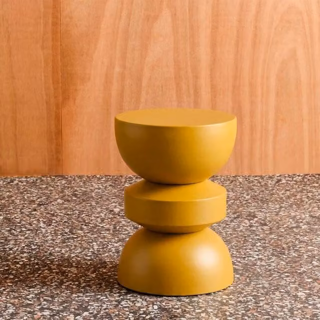 sweeek Metal Side Table in Mustard Yellow with Round Geometric Design, H 75.0 x W 43.5 x D 32.0 cm