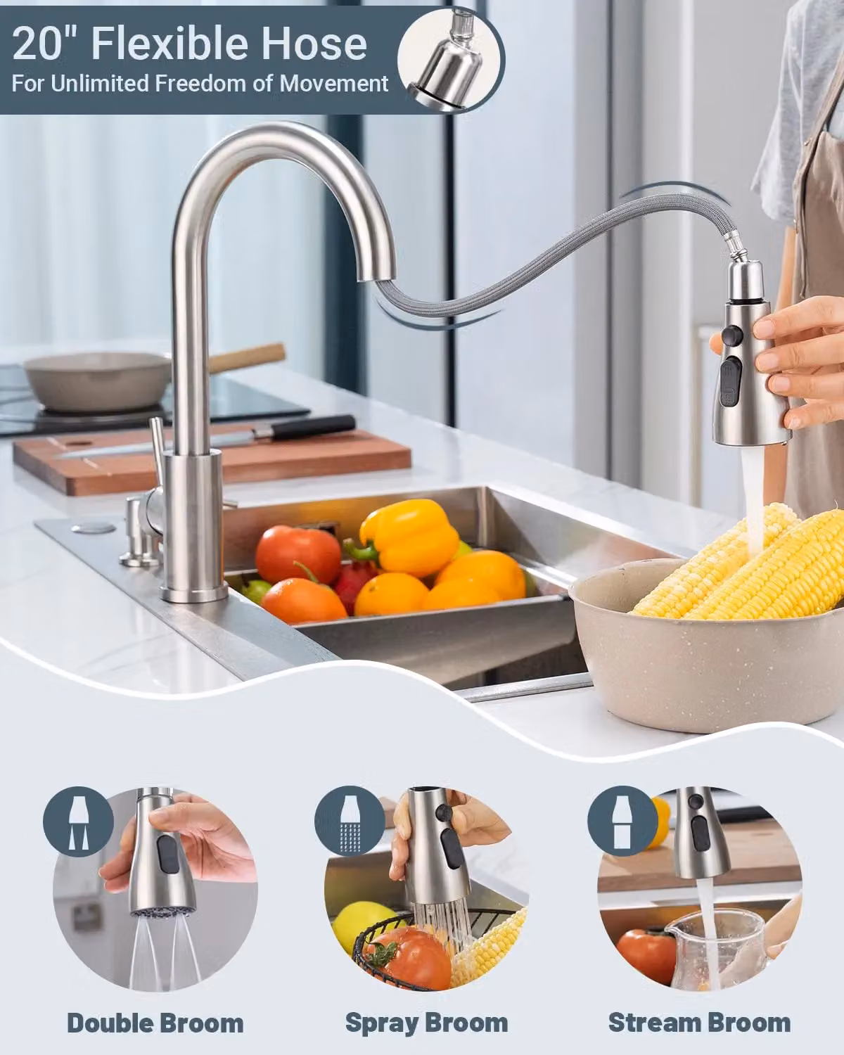 Appaso Single Lever Kitchen Tap with Pull Out Spray in Brushed Silver Stainless Steel – 6