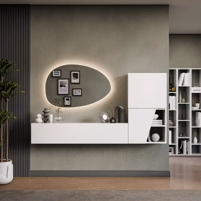 Decorotika Strasbourg Wall Mounted Entertainment Center in High Gloss White with Integrated Lighting