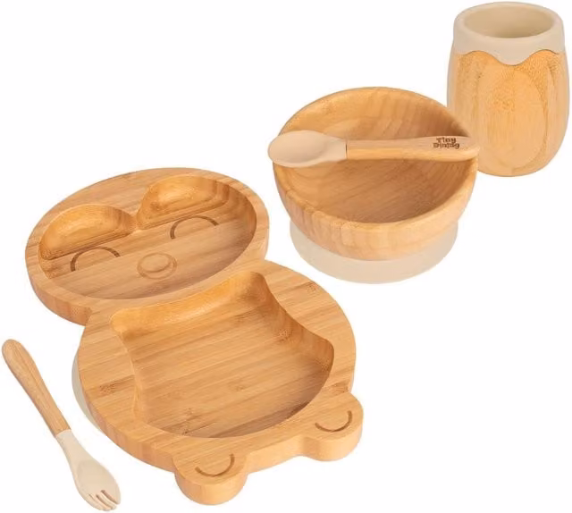 Tiny Dining 5pc Bamboo and Silicone Penguin Baby Weaning Set in Beige and Yellow