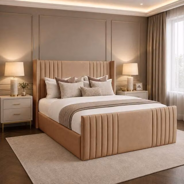 Desire Deco Carolyn Wingback Upholstered Panel Bed Frame in Beige, W/D/H: 90 x 190 cm