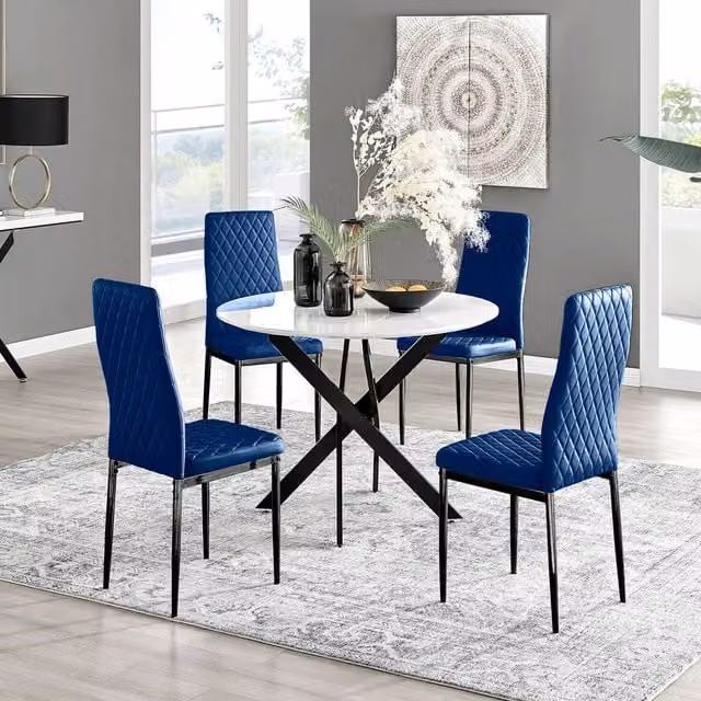 FurnitureboxUK Novara White Gloss Round Glass Dining Table with 4 Milan Navy Blue Chairs and Black Legs