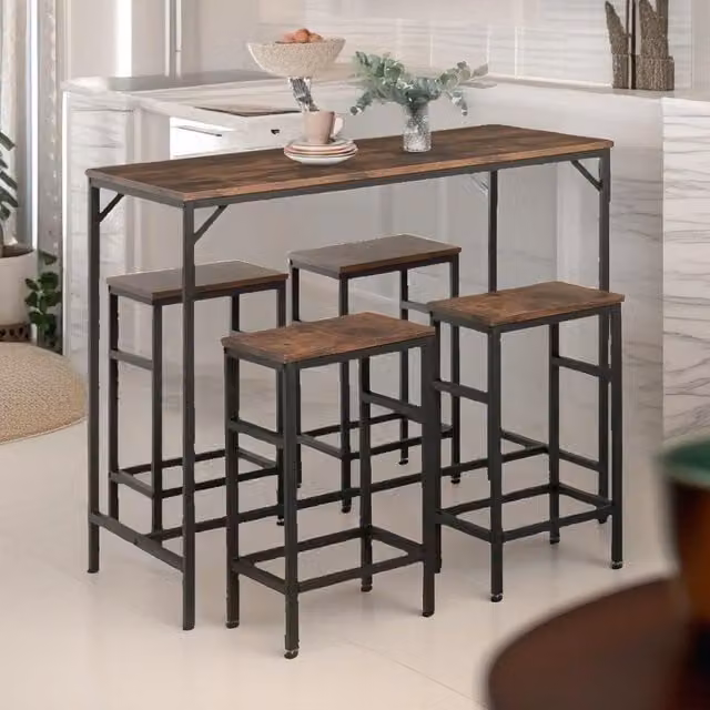 Rafaelo Mobilia Industrial Dining Table and 4 Stools Set in Rustic Brown – 1