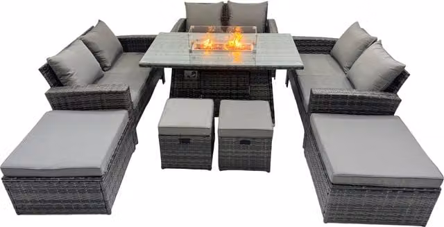 Fimous Outdoor Love Sofa Set and Gas Firepit Dining Table in Dark Grey