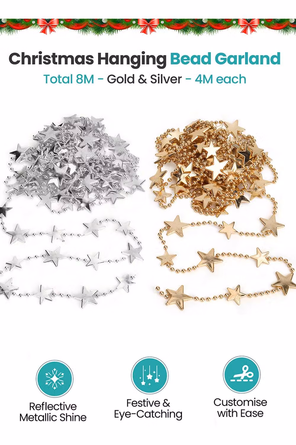 Neel Blue 2-Piece Christmas Bead Chain Garland with Gold and Silver Star Design – 2