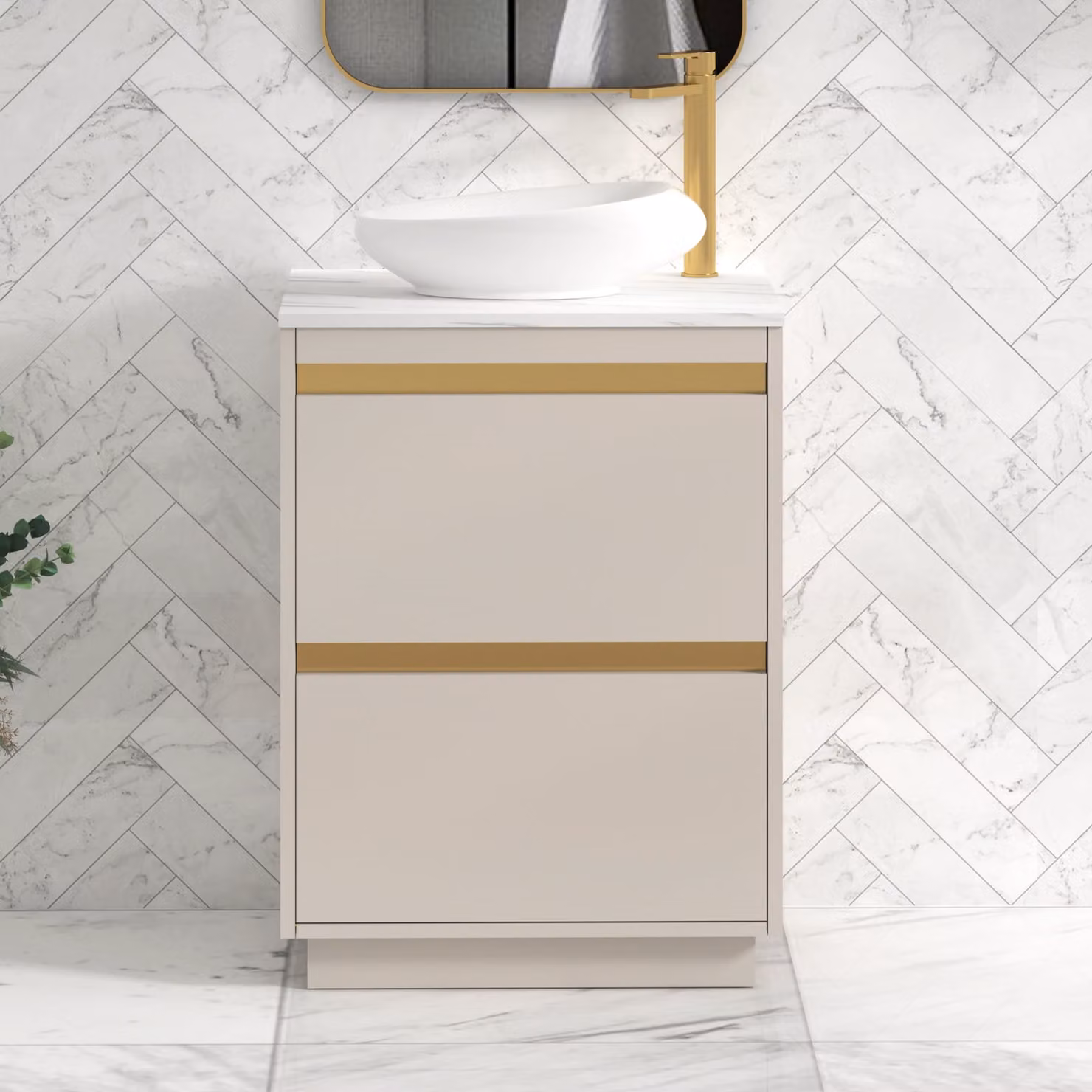 Royal Bathrooms Orion 600mm Warm Taupe Floor Standing Countertop Vanity Unit with Nova Basin and Brushed Brass Accent Trim