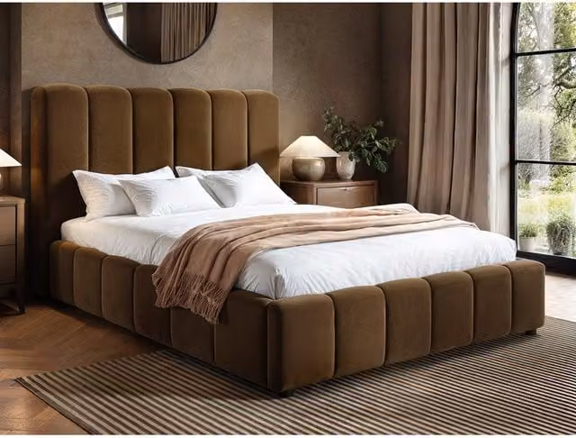 Solace+Co Emilie Ribbed Ottoman Bed in Brown Velvet and Bouclé, W/D/H: 140 x 200 x 114 cm (Height: 158 cm)