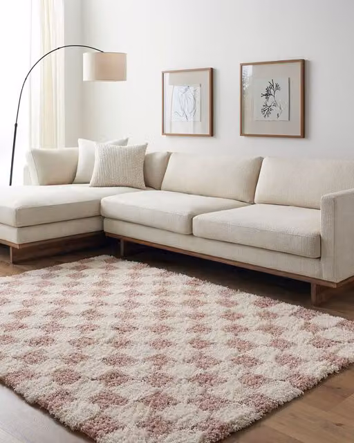 Livabliss Urban Checkerboard Plush Pile Living Room Rug in Yellow, Black, Beige and Pink, W: 160 cm, D: 220 cm – 1