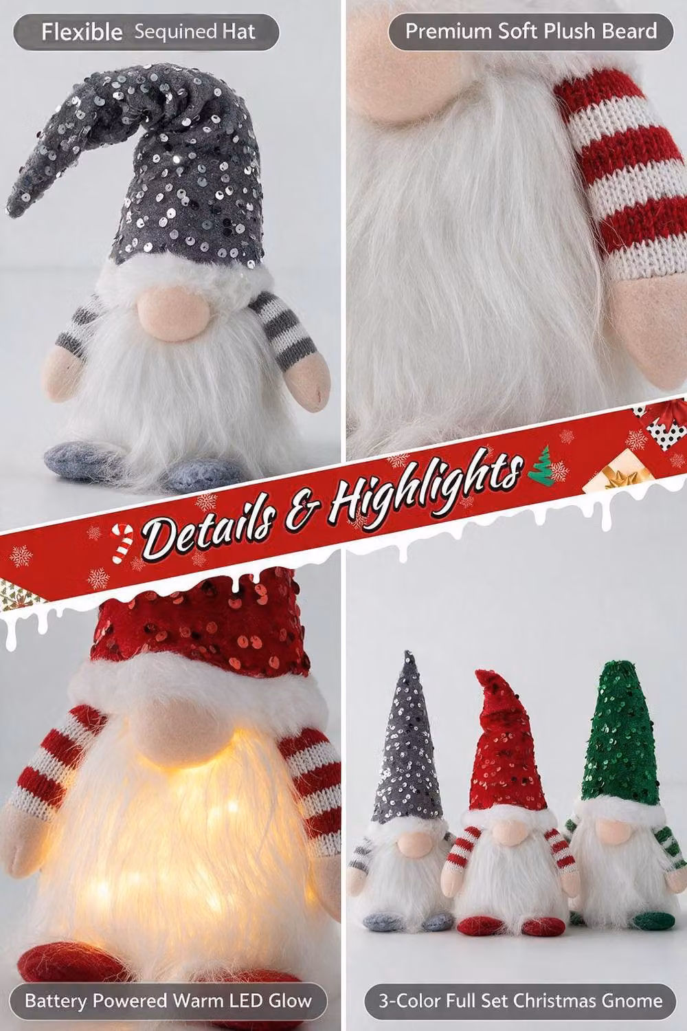 ExtraStar 3-Pack Battery-Powered Tabletop Christmas Gnome Decorations in Red, Green and Silver, Height: 15 cm – 5