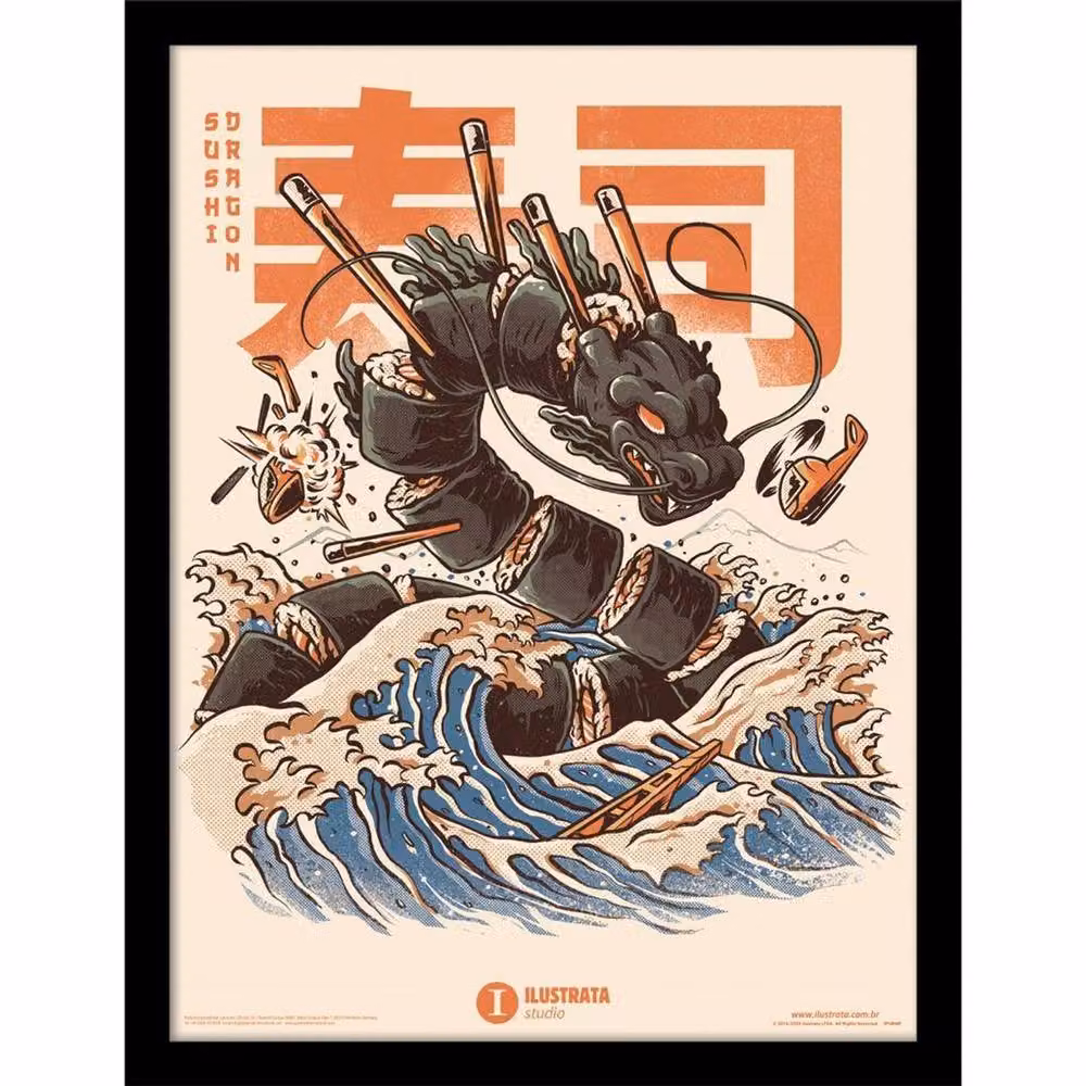 Ilustrata Sushi Dragon Framed Paper Poster in Black and Multicolour – 2