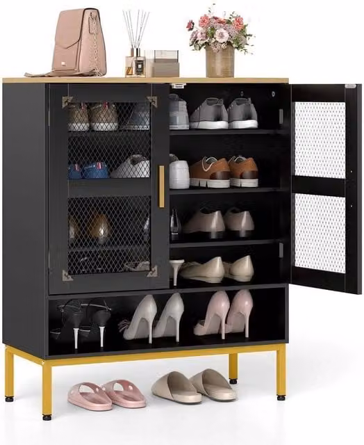 FORGEVIO 5-Tier Modern Black Shoe Cabinet with Mesh Doors and Adjustable Shelves – 1