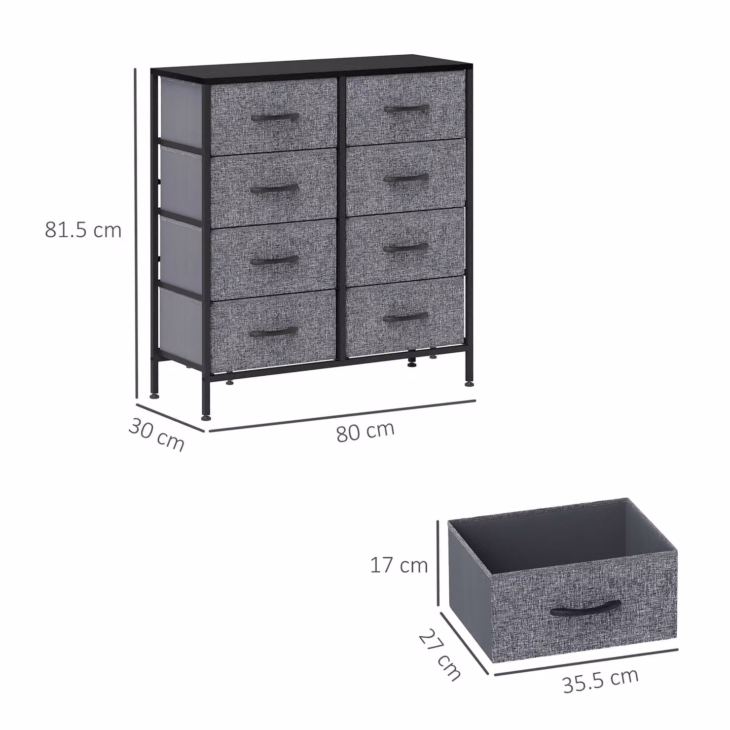 HOMCOM Industrial Fabric Chest of Drawers with 8 Drawers, Steel Frame and Wooden Top, Black and Grey – 3
