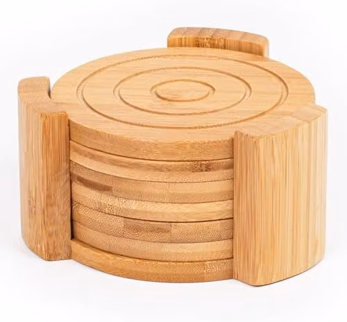 MantraRaj Set of 6 Round Handmade Bamboo Wood Drink Coasters with Holder in Brown