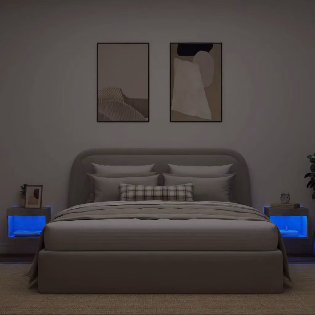 Berkfield Home Set of 2 Wall-mounted Bedside Cabinets with Integrated LED Lights in Concrete Grey – 4