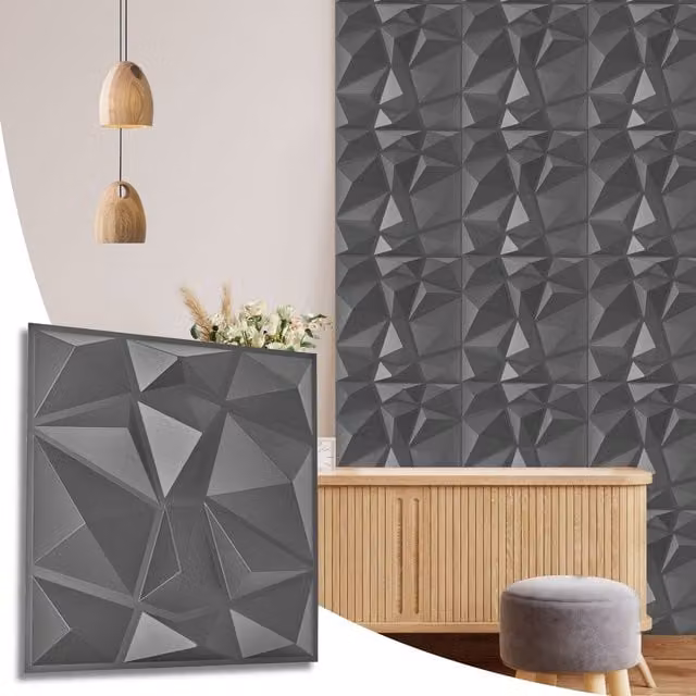 NOVECRAFTO Diamond Design 3D PVC Wall Panels in Grey Silver, W/D/H: 50 x 50 x 0.25 cm (Pack of 12)