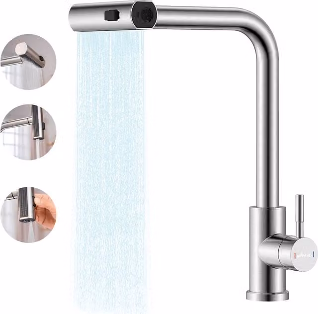 Appaso Stainless Steel Kitchen Faucet with Pull Out Sprayer and 3 Spray Modes in Silver – 1