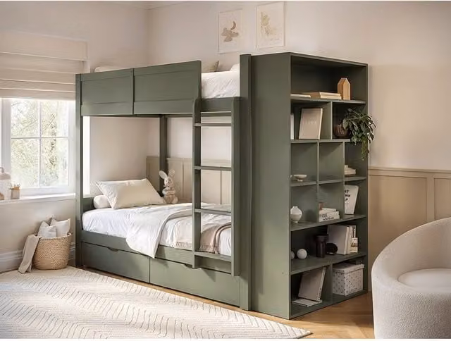 Flair Ruby Modern Two-Level Wooden Bunk Bed with Storage Drawers in Green, W/D/H: 90 x 200 x 160.8 cm