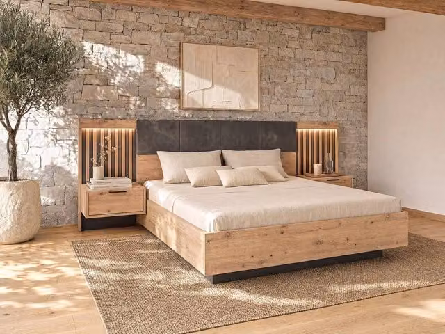 Vente-unique Modern Double Bed with Bedside Tables and Under-bed LED Lighting, Black and Brown, W/D/H: 160 x 200 x 104 cm