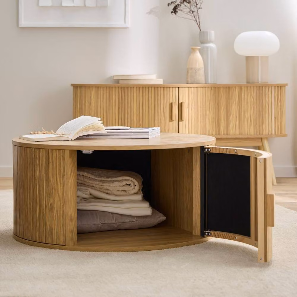CALICOSY ERNEST Round Coffee Table with Storage, Light Brown, Diameter: 75 cm, Height: 35.5 cm – 2
