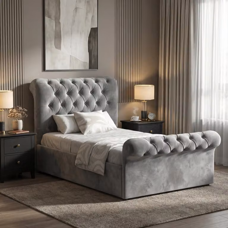 DHS Chesterfield Ottoman Storage Bed Frame, Single (3ft), Dark Grey Velvet Fabric, W/D/H: 90 x 190 cm