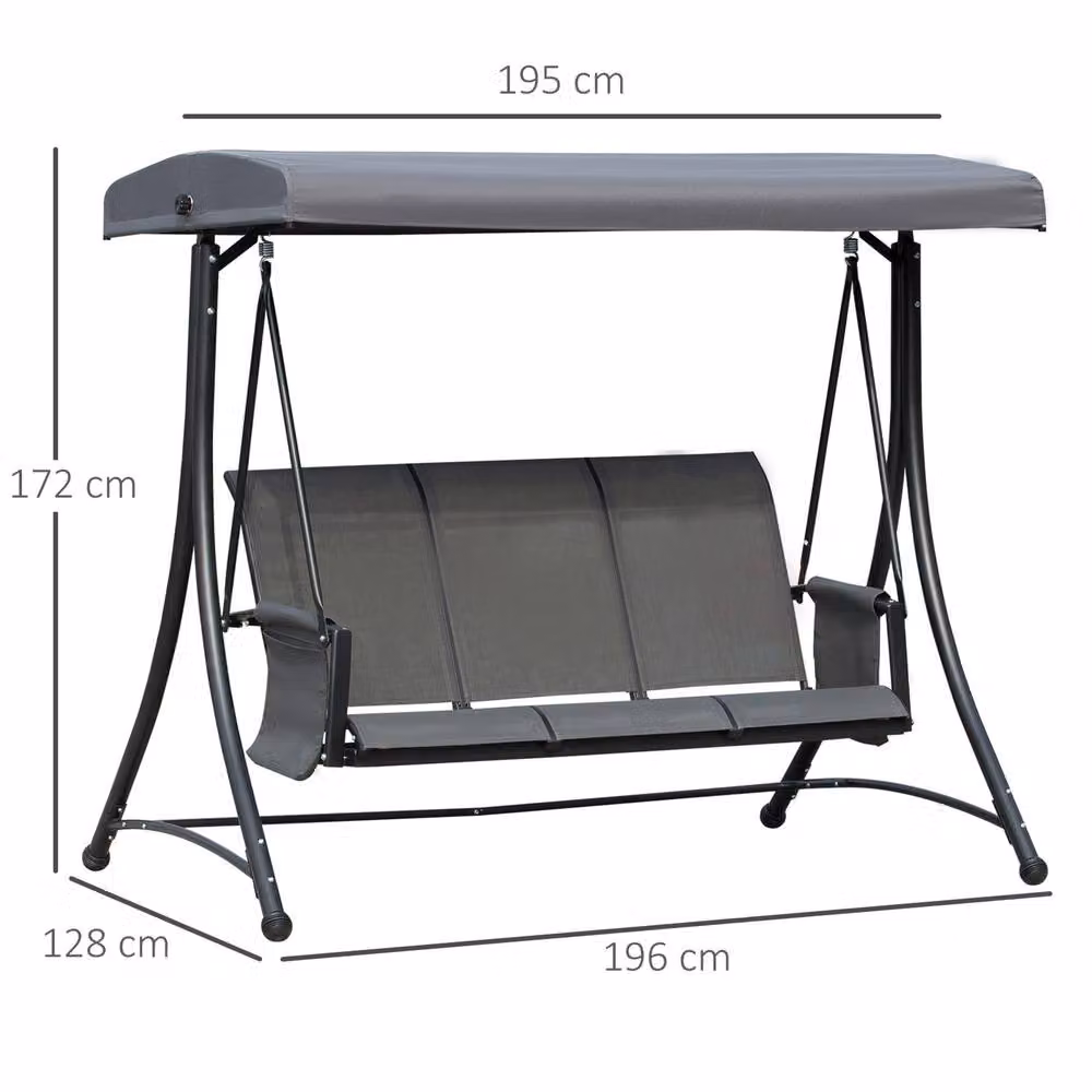 OUTSUNNY 3-Seater Metal and Fabric Swing Chair with Sun Canopy in Grey – 2