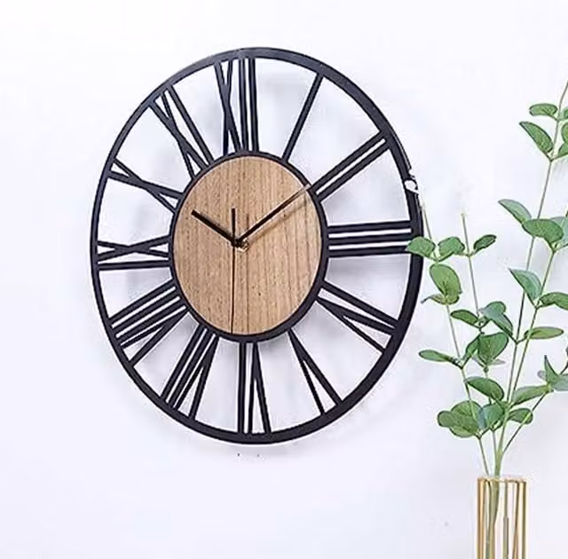 Livingandhome Black Round Wooden Silent Analog Quartz Wall Clock