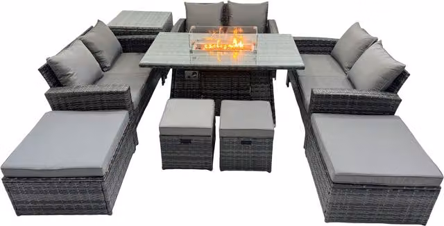 Fimous 10-Seat Rattan Garden Sofa Set with Gas Firepit Table in Dark Grey Mixed