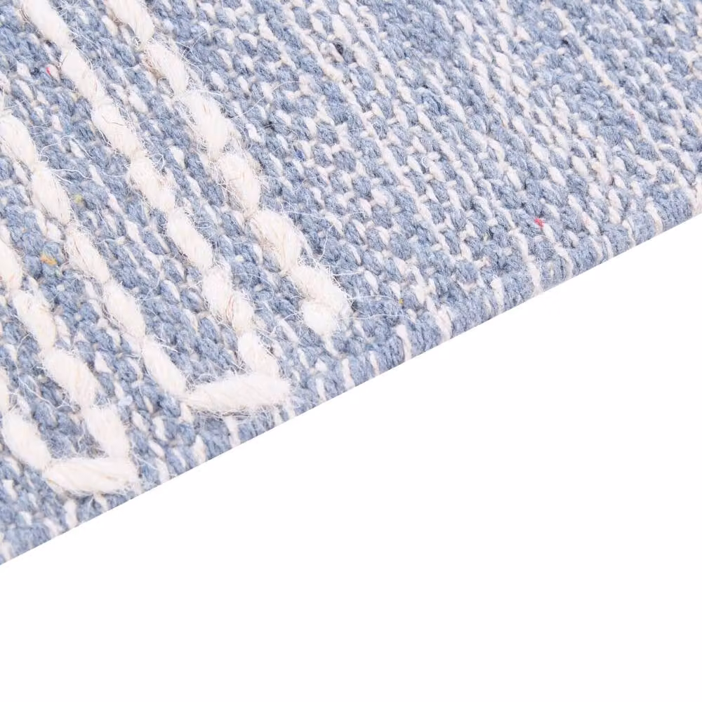 Wyld and Coco Runes Tribal Geometric Woven Rug in White and Blue with Fringes, W/D: 140 x 200 cm – 2
