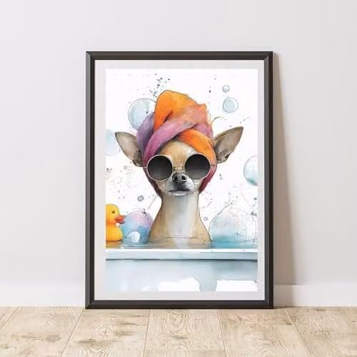 60 Second Makeover Watercolour Chihuahua Bath Print Wall Art Poster, Multicolour, A3
