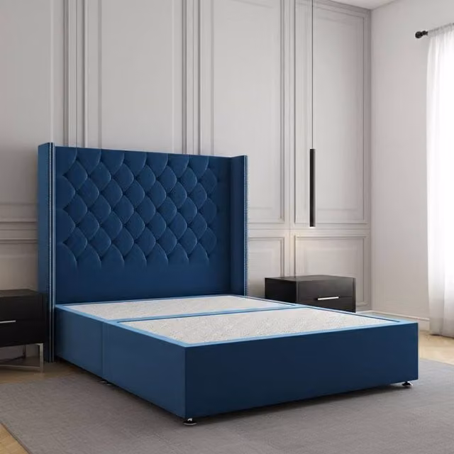 Regional Furnishings Luxury King Size Divan Bed with 54 inch Plush Velvet Headboard in Blue, W/D/H: 180 x 200 cm