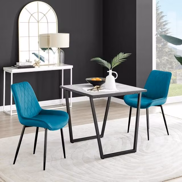 FurnitureboxUK Carson White Marble Effect Square Dining Table and 2 Blue Velvet Pesaro Black Leg Chairs – 1